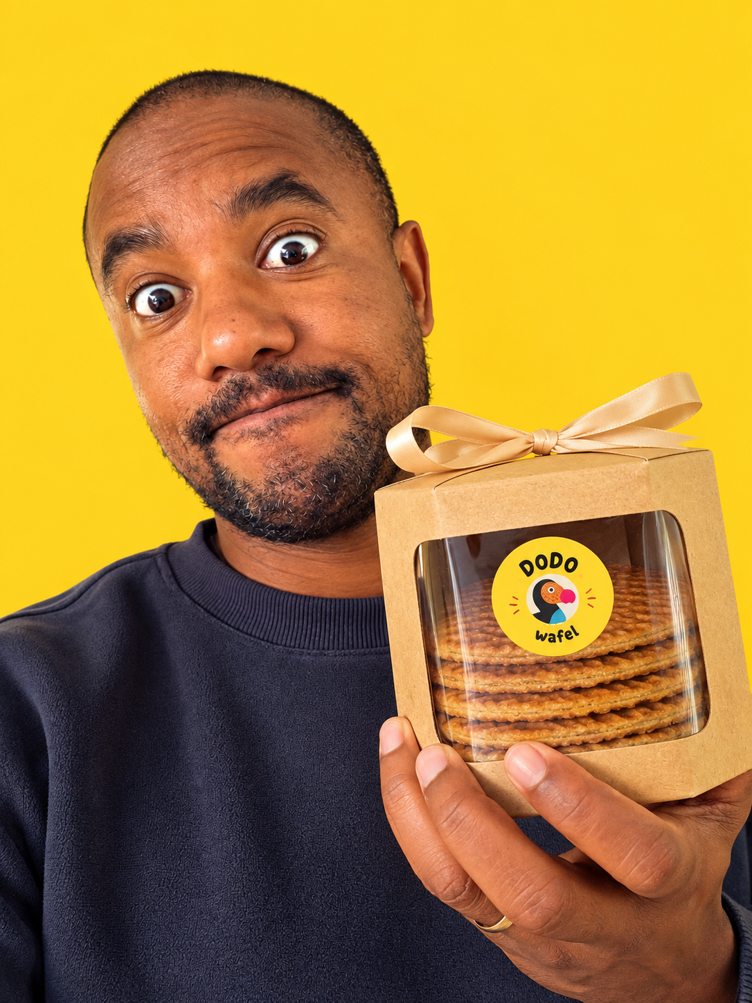 Winley holding a gift box filled with Dodo Wafels