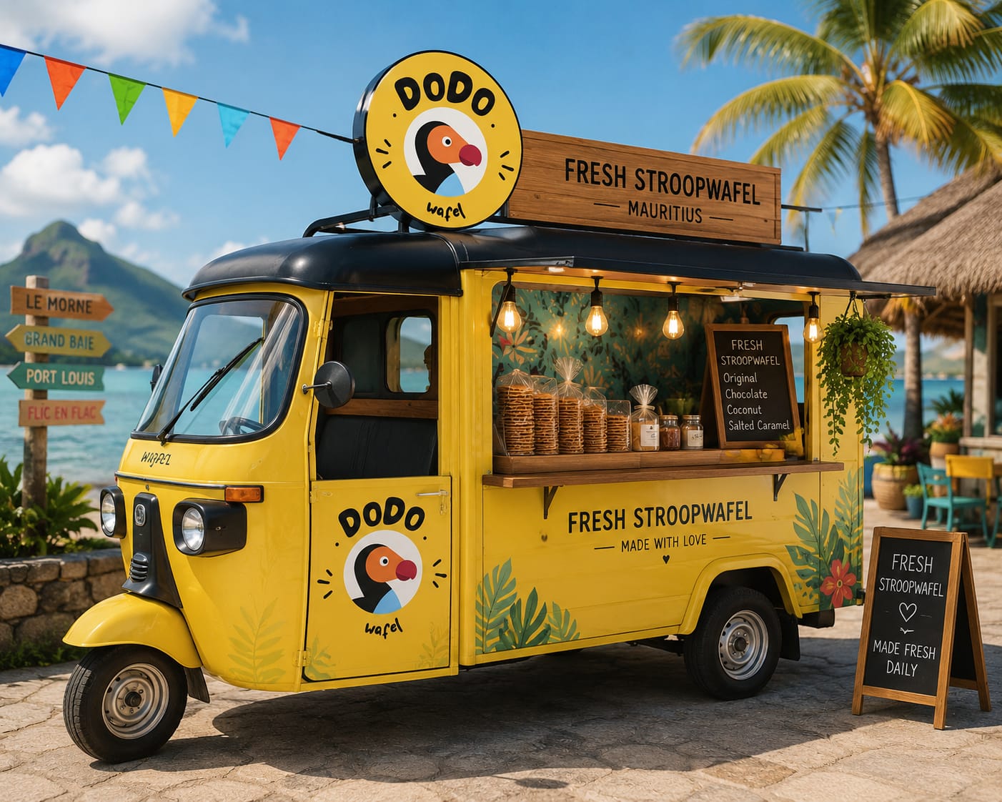 Concept image of a yellow Dodo Wafel food truck in Mauritius